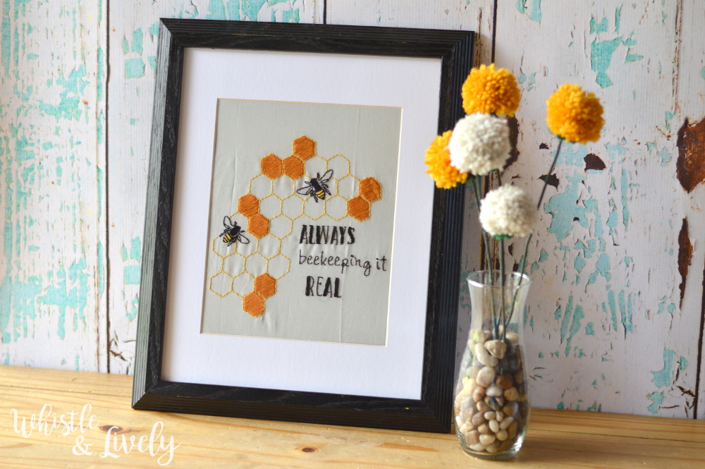 FREE Embroidery Pattern: Always Beekeeping it Real | Make this simple bee and honeycomb embroidery art for the bee-lover in your life!