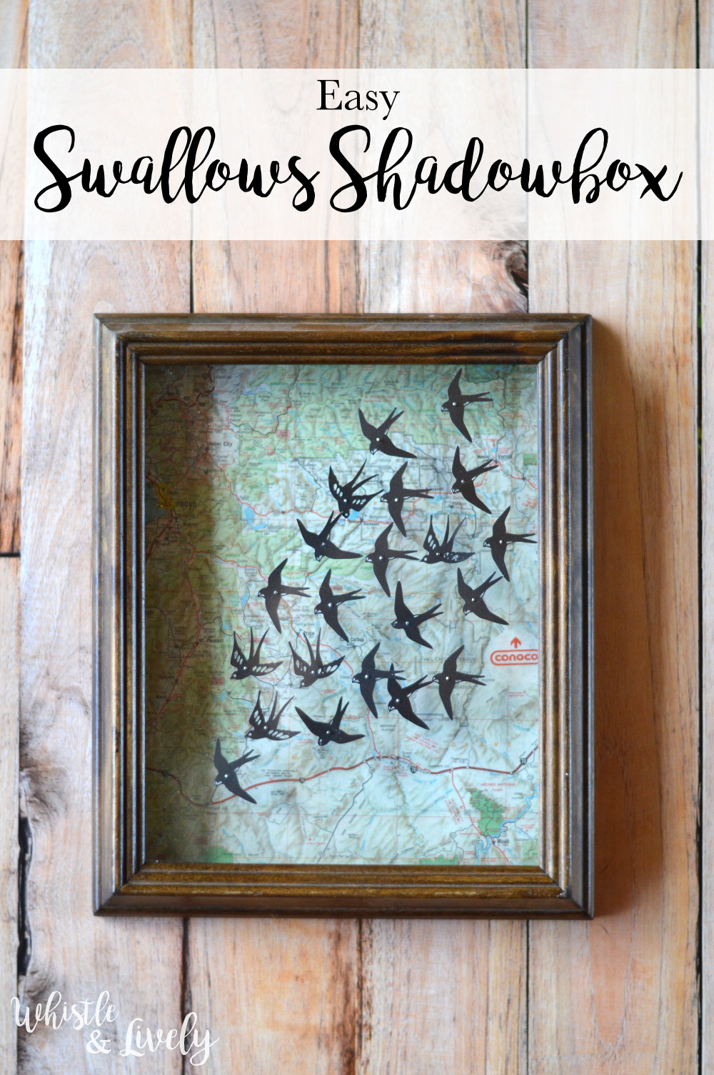 Map and Swallows Shadowbox - Transform a shadowbox into this pretty room decor. With just a few supplies you can make this pretty map wall hanging. 