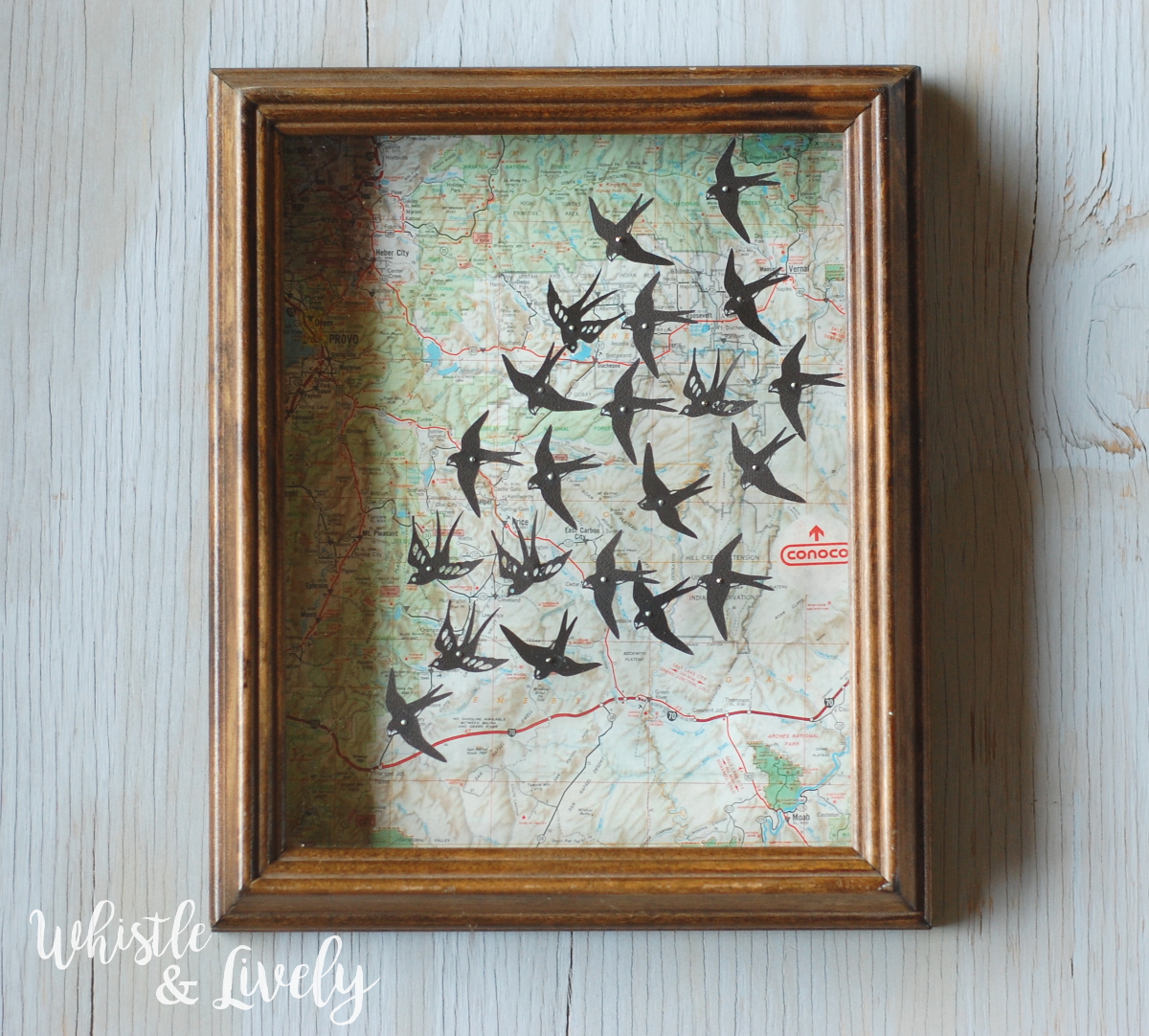 Map and Swallows Shadowbox - Transform a shadowbox into this pretty room decor. With just a few supplies you can make this pretty map wall hanging. 