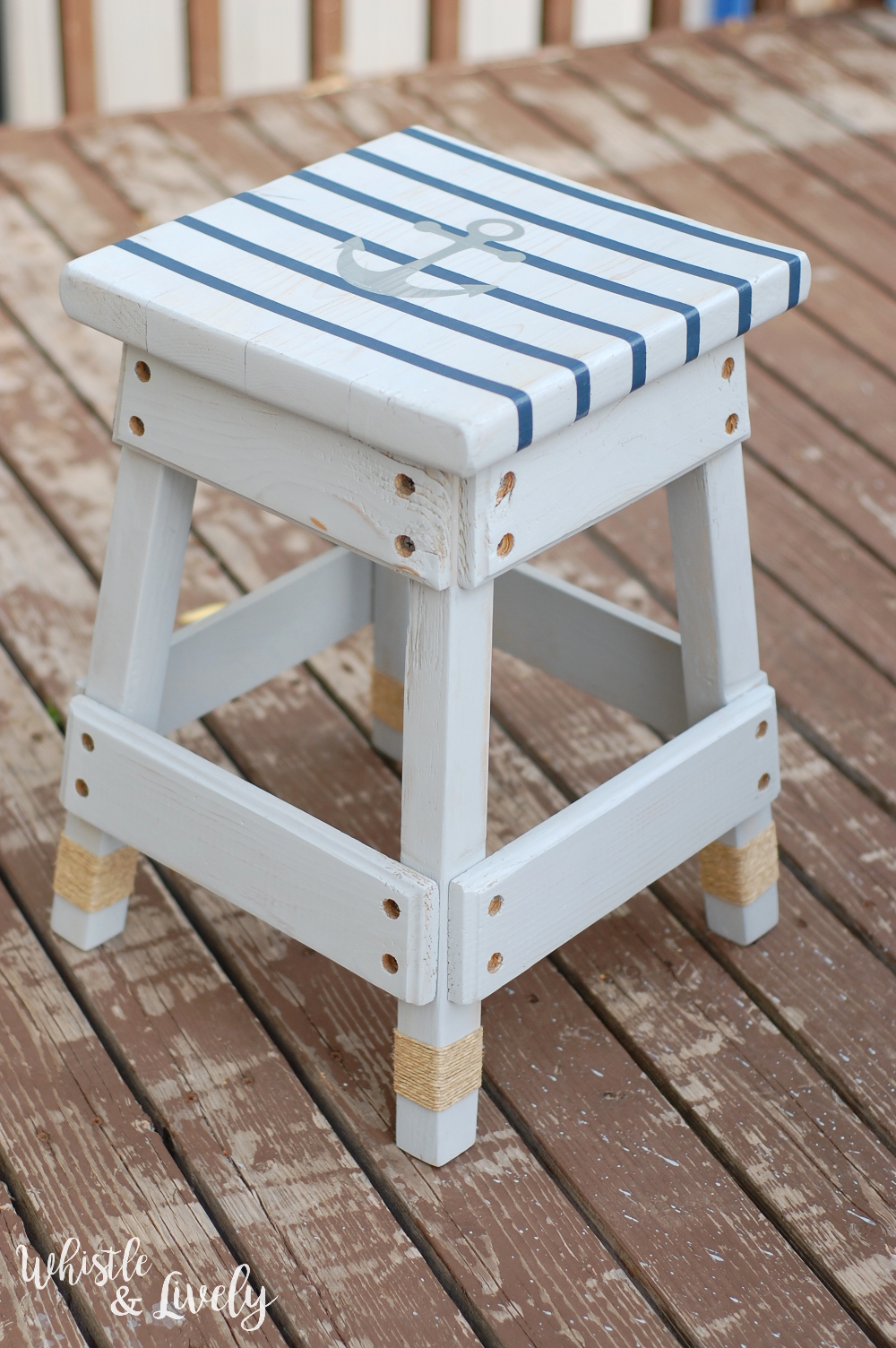 Nautical Stool Refinish - Turn a bland wood stool into a fun nautical themed piece, perfect for a bathroom or your oceanic-themed room!